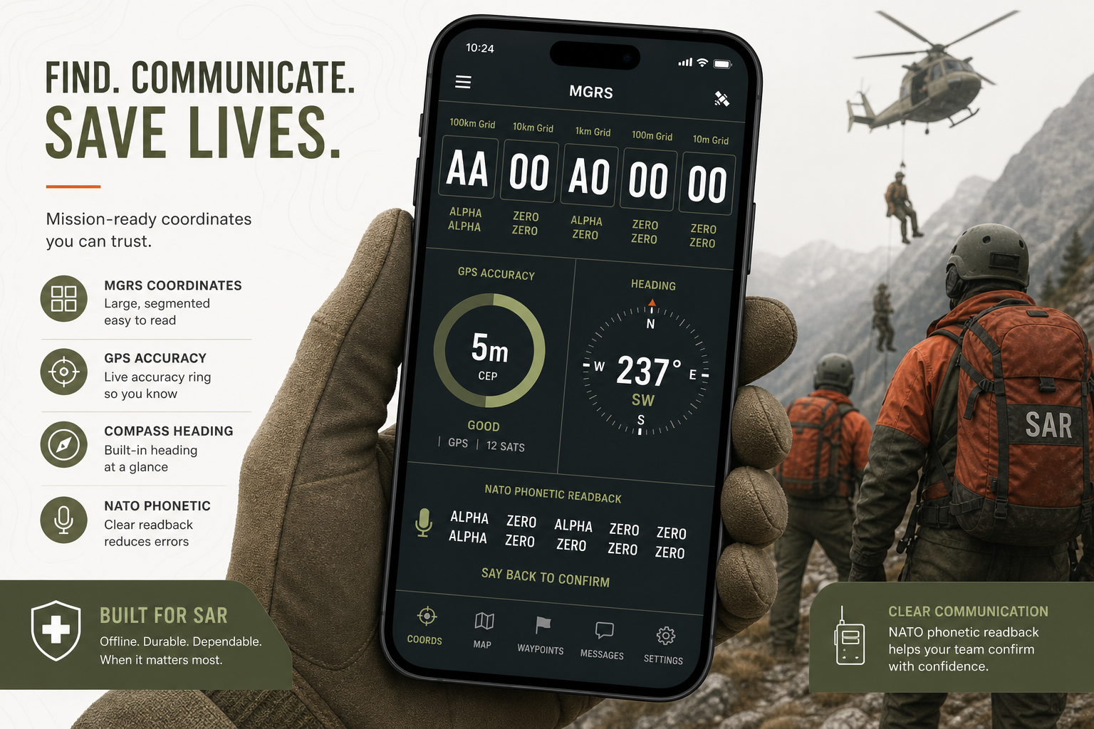 GridLog MGRS SAR Handover field HUD showing coordinates and GPS quality
