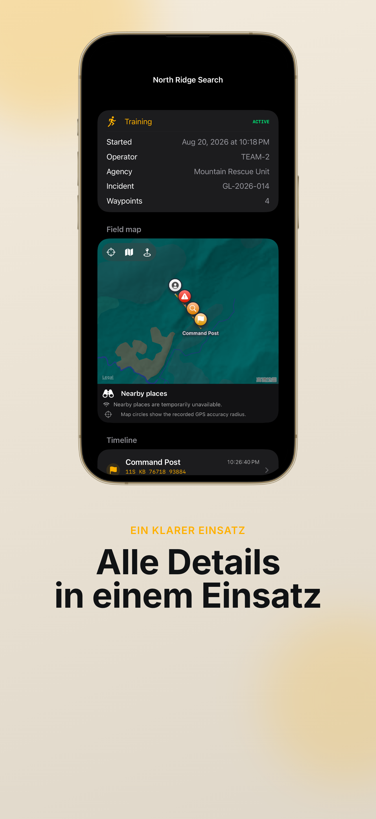 GridLog MGRS SAR Handover Feld-HUD mit segmentierten Koordinaten