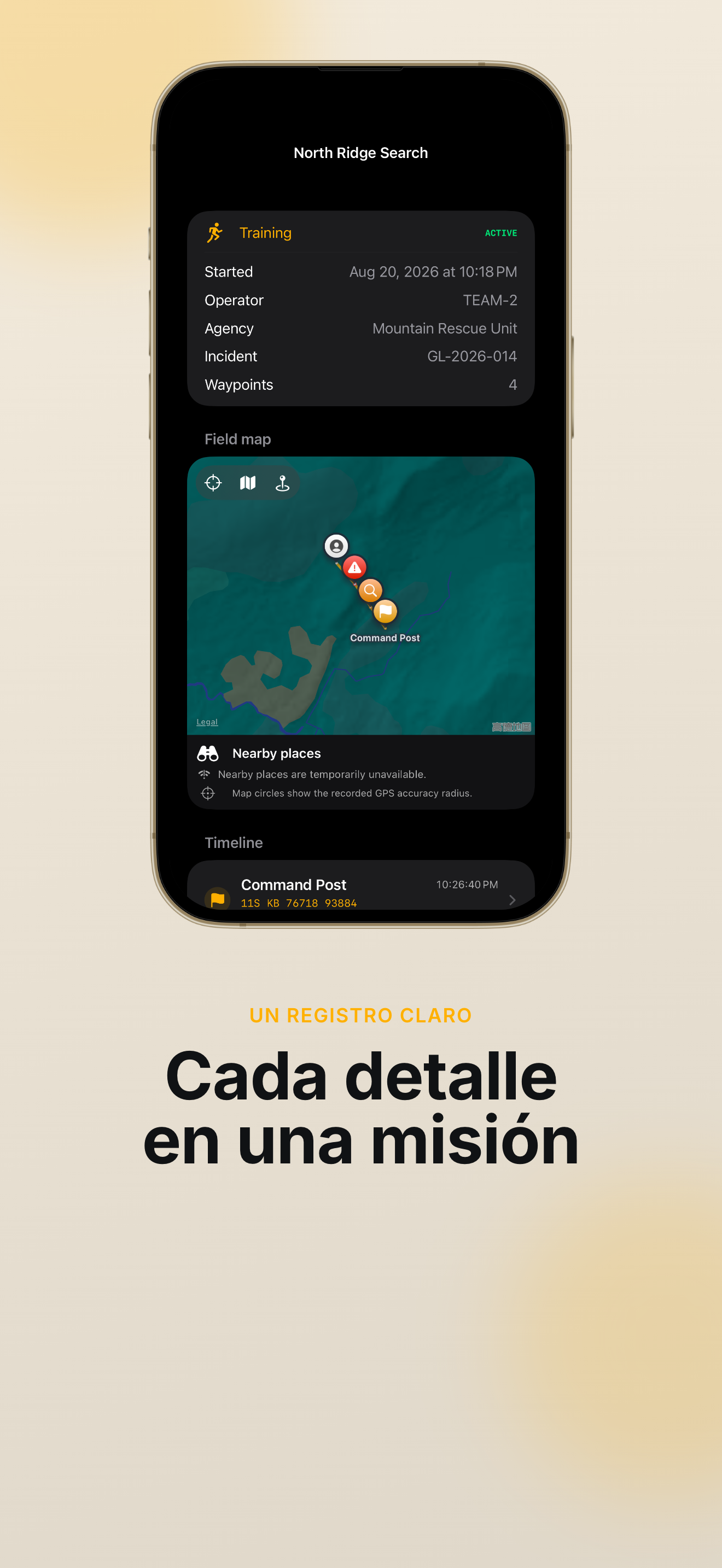 HUD de campo GridLog MGRS SAR Handover con coordenadas segmentadas