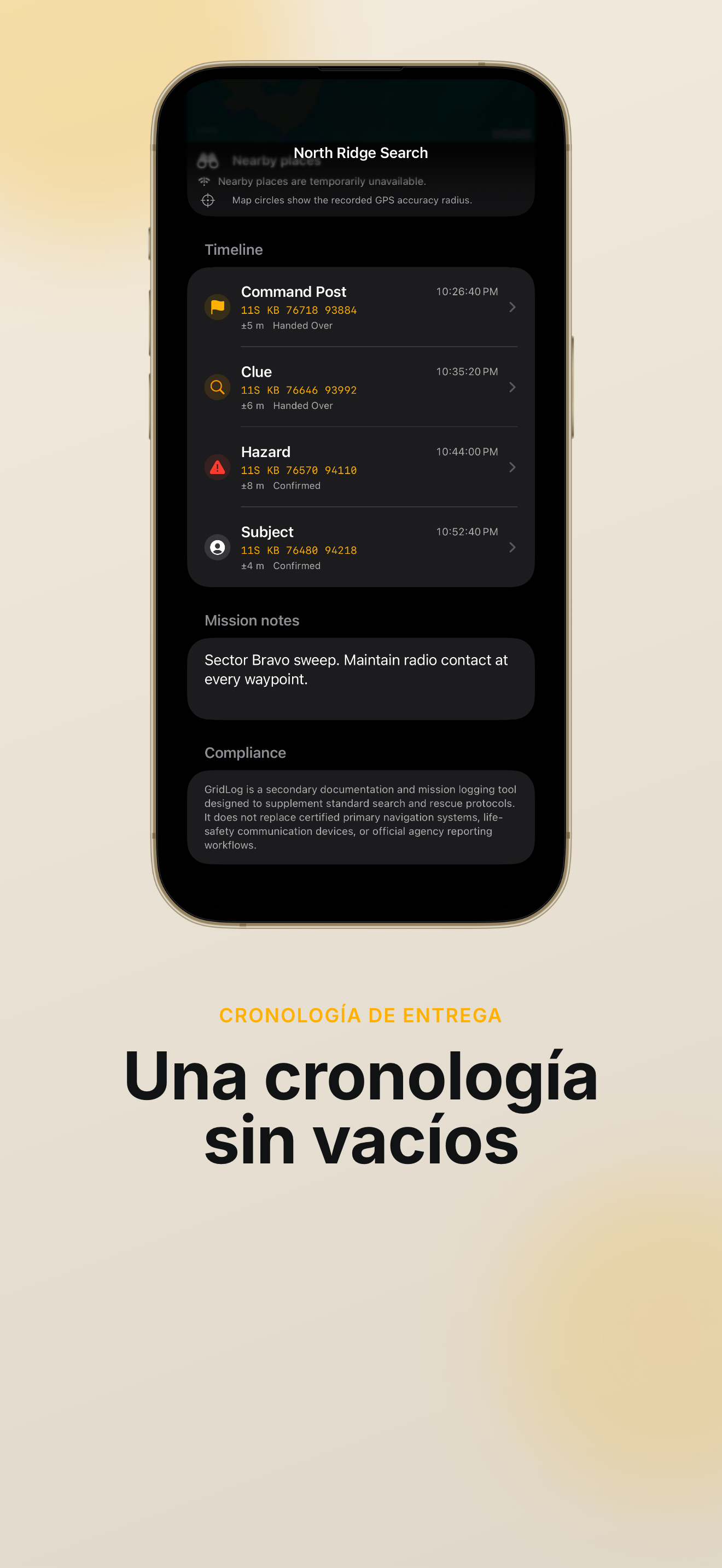 Tarjeta de evidencia GridLog con foto y nota de radio