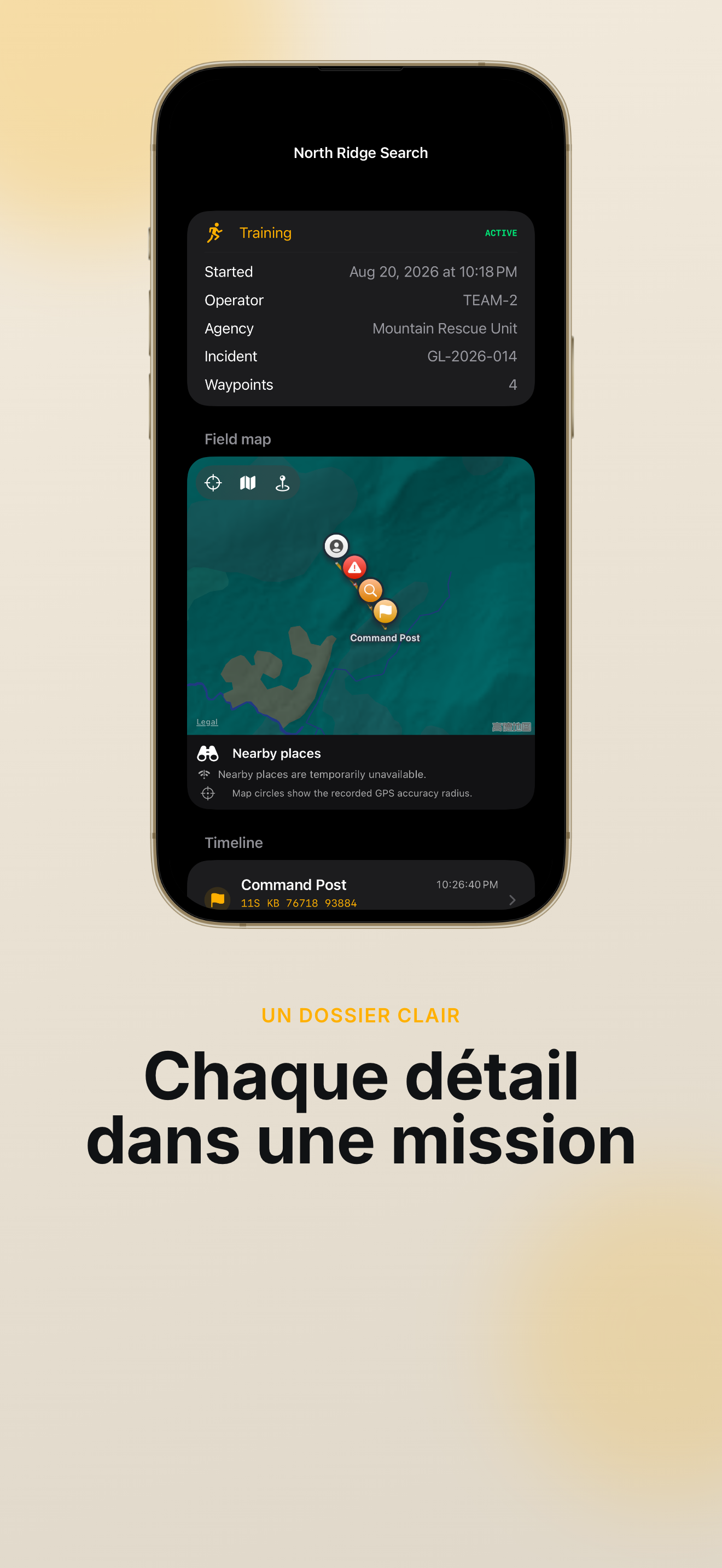 HUD terrain GridLog MGRS SAR Handover avec coordonnées segmentées