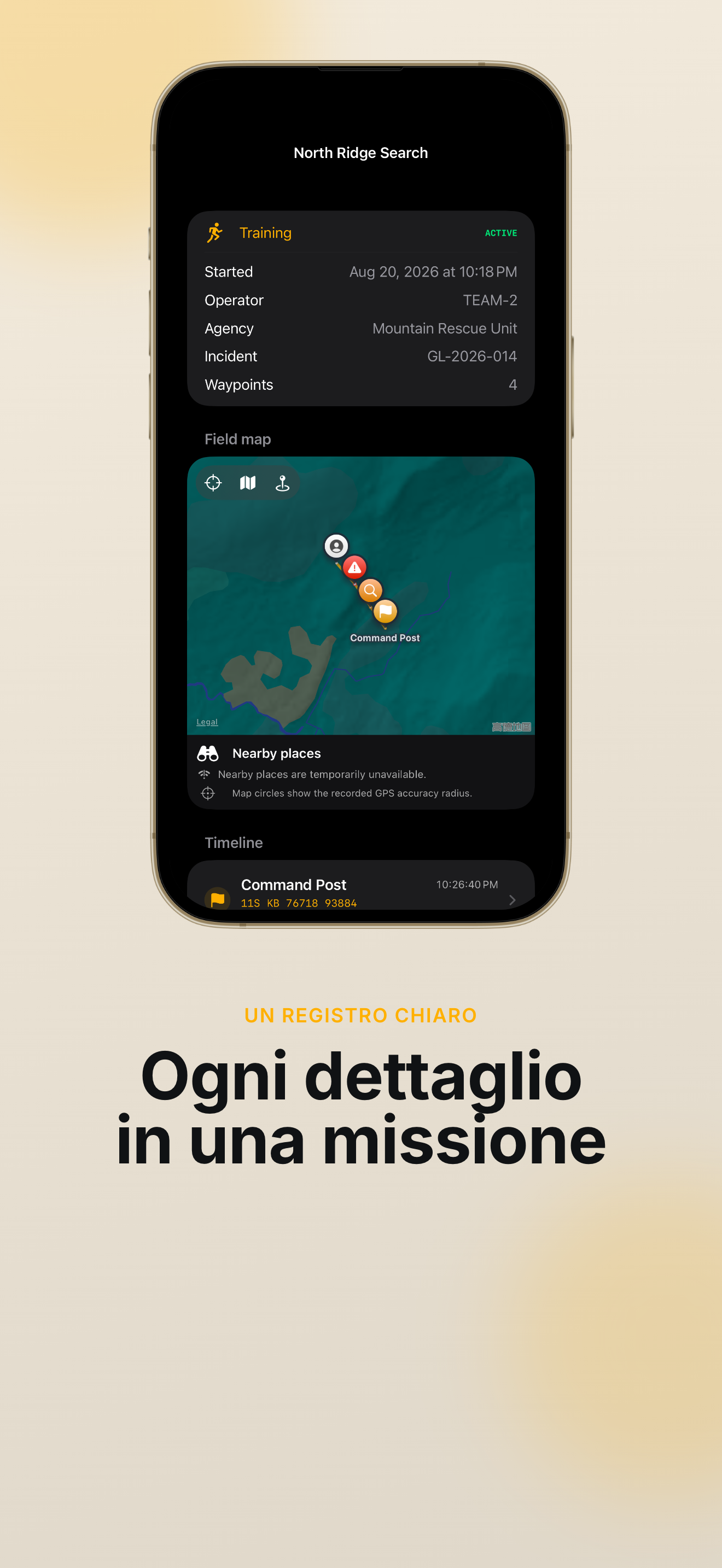 HUD sul campo GridLog MGRS SAR Handover con coordinate segmentate